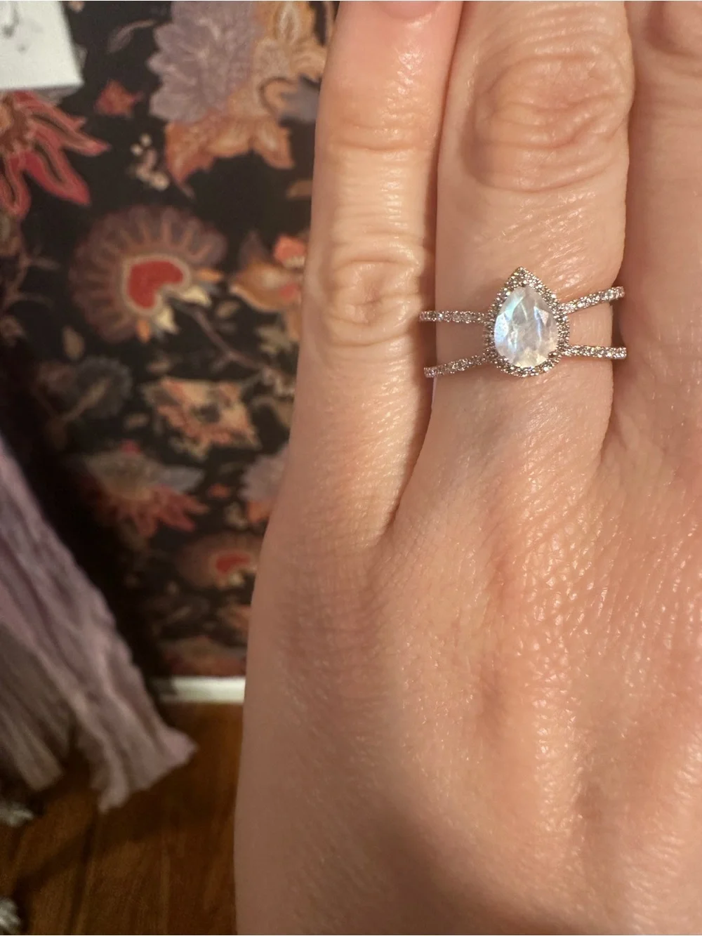 14kt Yellow Gold Double-Band Teardrop Moonstone Ring with Diamond Halo